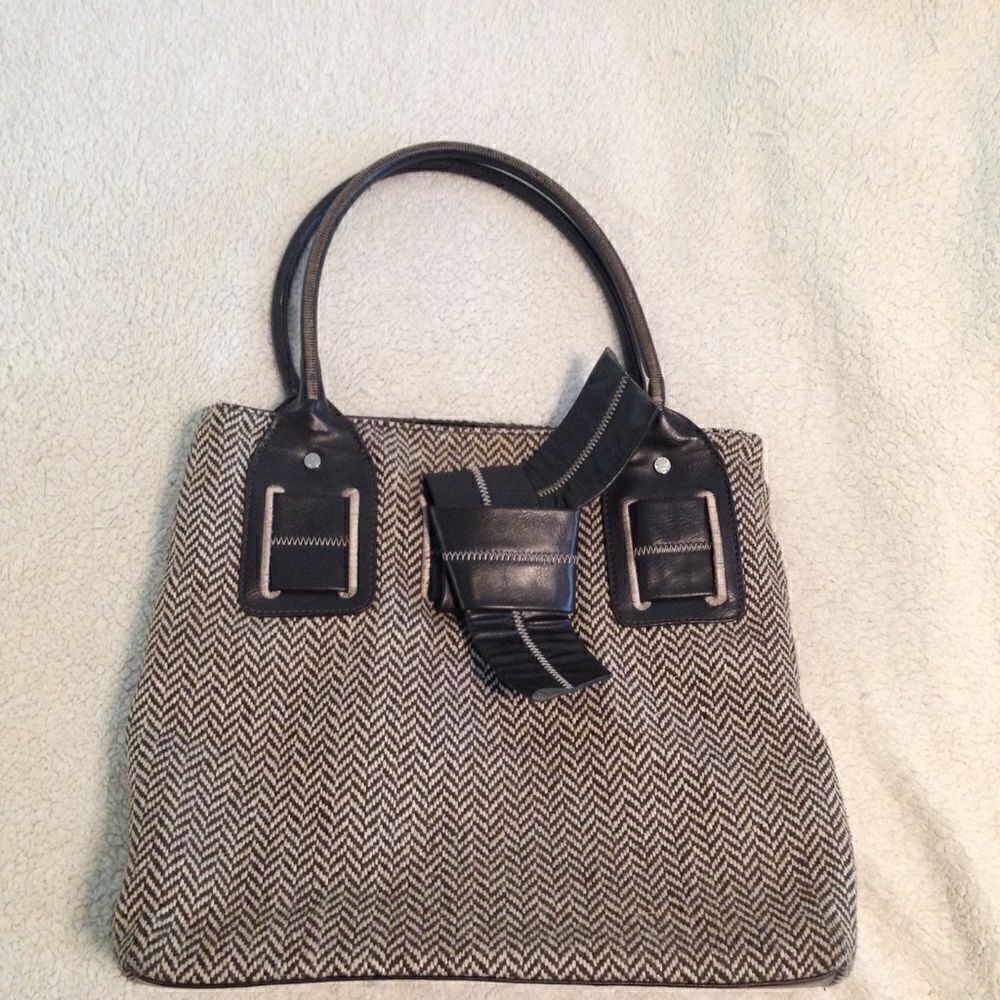 Tommy Hilfiger Y2K Chevron print tweed top handle bag faux bow‎ large brown